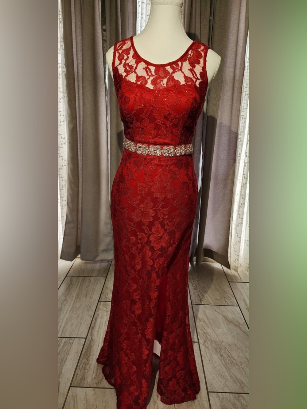 Jodi Kristopher Red Lace Prom Dress with Beaded Waist